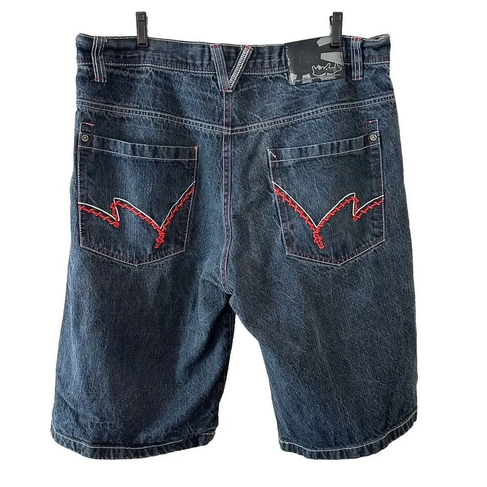 5ive Jungle Black Shorts Men Denim Baggy Hip‎ Hop Y2K Red Chain Stitching Sz 40